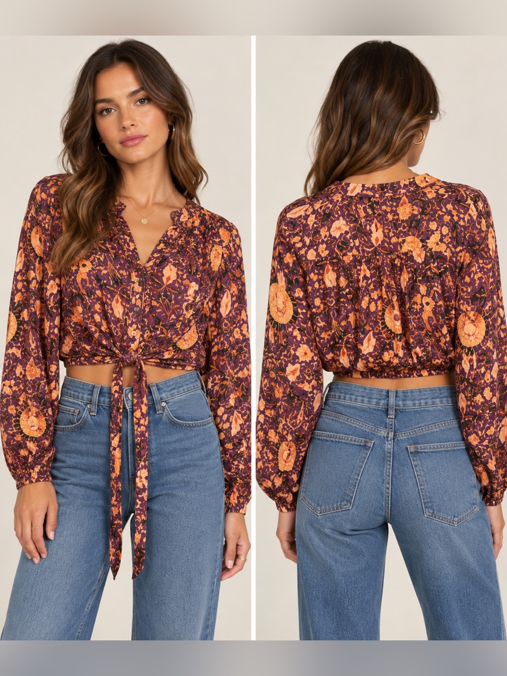 New Rachel Zoe Crop Top Medium Butterfly Button Tie Front Long Sleeve Blouse